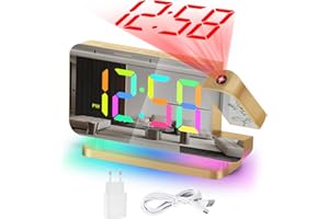 U-picks Reloj Despertador de proyección,Reloj Despertador Digital, Reloj con Espejo LED de 7,4"con proyector Giratorio de 180°Pantalla Digital de 11 Color RGB,luz Nocturna de 10 Colores,Reloj de Mesa