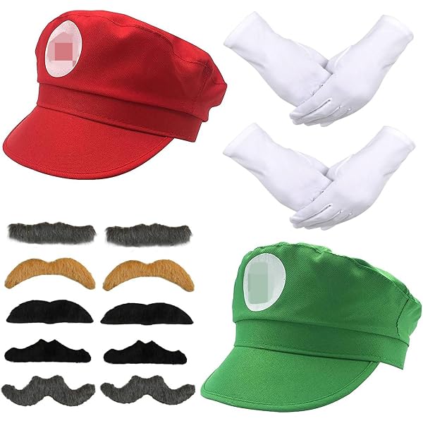 IZoeL Disfraz De Mario Y Luigi – Set Completo Con Sombreros, Guantes, Barba Y Botones Amarillos, Ideal Para Carnaval Y Halloween, Para Niños Y Adultos