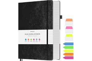 OFFIGIFT Grand carnet ligné, format A5, ligné, 314 pages numérotées avec autocollants, papier épais 100 g/m², couverture rigide, journal en cuir vegan pour femme, homme, école, bureau
