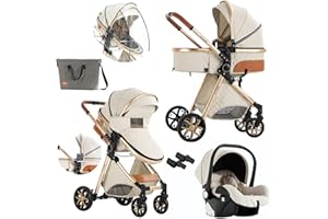 Nine point nine Poussette 3 en 1, Poussette Bebe avec Double Modes de Poussée Réversibles, Poussette Canne avec Grande Nacelle Confortable, Pousette avec Cadre Aluminium Haute Paysage (V9 CreamyWhite)