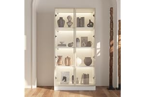 ‎CALDION Caldion Vitrinenschrank mit Glastüren und Beleuchtung, Glasvitrine Stehend mit 4-stufigen Einlegeböden, Pop-up Design,Vitrine mit Glastüren Weiß