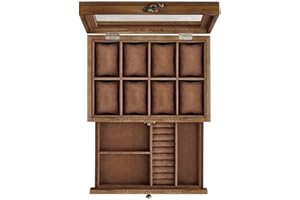 SONGMICS Watch Box with 8 Slots, 2-Tier Wood Watch Case with Large Glass Lid, Watch Pillows, Velvet Lining, Jewellery Box, Gift for Loved Ones, Rustic Walnut JOW008K01