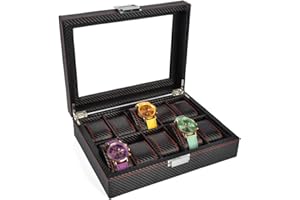 Guolich Caja de Almacenamiento de Relojes Estuche para Exhibición de Relojes Cuero Fibra de Carbono Joyería Pulsera Colección Organizador con Tapa de Vidrio (10 Ranuras)
