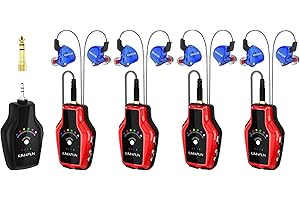 KIMAFUN In-Ear Monitor 2.4G Wireless System, Sistemi IEM Stereo per Prove Band, Amplificatore per Chitarra, Altoparlanti, Registrazione, Chitarristi, Bassisti, DJ,Trasmissione in Diretta(1TX+4RX)