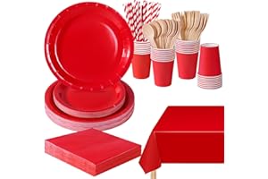 PYAILI Anniversaire Vaisselle de fete 169 Pièces Rouge Party Assiettes en Papier Set Assiettes de Fête Papier Tasses Serviettesr, pour Barbecue les Fêtes les Pique-niques -24 Invités