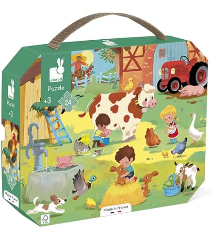 Janod – 4 Puzzles évolutifs Animaux De La Ferme (6-9-12-16 Pièces), Fabriqué En France, Dès 24 Mois, Valisette Transport
