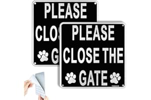 SINMAO Please Close The Gate Sign for Dogs Brushed Aluminum Self Adhesive also with Pre-Drilled Holes Black Pack of 2