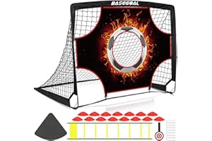 BASEGOAL But de Foot Enfant Extérieur, 3 en 1 Cage de Foot Portable avec Tissu Cible, Cônes, Convient comme Cadeau d'anniversaire ou de Vacances pour Les Amateurs de Football(120x90cm)