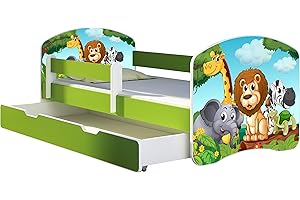 ACMA Letto per Bambino Cameretta per Bambino con Materasso Cassetto II VERDE (02 Animaletti, 160x80 + Cassetto)