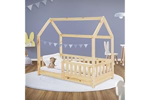 ML DESIGN MODERN LIVING ML-Design Lit Cabane Enfant 70x140 cm Naturel en Bois Massif avec Protection Contre la Chute, Toit et Sommier à Lattes, Style Maison, Couchage Maisonnette Barrière de Sécurité pour Fille Garçon