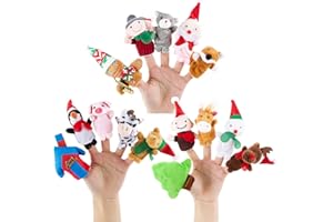 BETESSIN 15Pcs Marionnettes à Doigt Main Noël Finger Puppets Set Cartoon Poupées Mignonnes Animaux Jouets en Peluche Père Noël Bonhomme de Neige Animaux Cadeau pour Enfants Anniversaire Jeux Ecoles