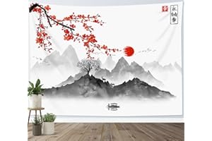 LB Tapisserie Murale Japonais Tenture Murale Fleur De Cerisier Rouge Et Soleil Couverture Murales Gris Noir Montagne Tapisseries Decoration Murales pour Maison Salon Chambre Dortoir,150x100 cm