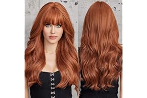 Emmor, Parrucca con capelli lunghi biondo rame, con frangia, riccia, da donna, sintetica, dall’aspetto naturale, in fibra resistente al calore