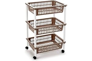 Acan Tradineur - Carrito verdulero Modelo PLFT de plástico con 3 Niveles y Ruedas, cestas apilables portaobjetos, Frutas, Verduras (Marrón Topo - 61,5 x 40 x 30 cm)