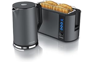 ‎ARENDO Arendo - Wasserkocher mit Toaster SET Edelstahl Cool Grey, Wasserkocher 1,5L 40° -100° Warmhaltefunktion Toaster 4 Scheiben LED-Display 6 Bräunungsgrade Brötchenaufsatz
