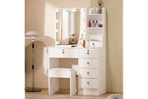 Saimeihome Dressing Table Vanity Table with Mirror and Stool, 10 LED-Lights with 3 Color Options & Adjustable Brightness, Vanity Desk with 6 Drawers 6 Shelves and Charging Station, 80 x 36 x 131 cm