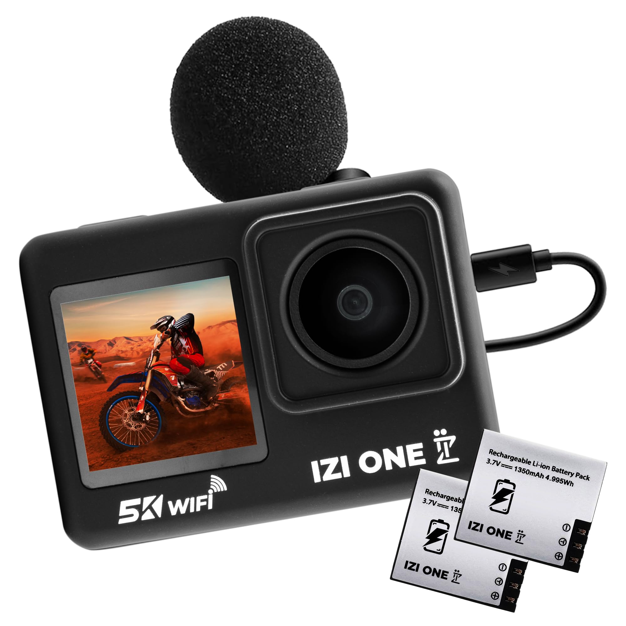 IZI ONE Plus 5K 48MP Action Camera 6-Axis Gyro Stabilization,110ft Waterproof, Vlogging,170° FOV, WiFi, Dual Touch Screen Vid