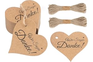 ‎G2PLUS G2PLUS Wir Sagen Danke Anhänger, Braun Herz Geschenkanhänger, 100Stk Herz Papier Etiketten mit Schnur für Valentinstag Hochzeit Geschenke