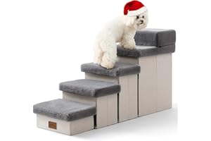 COZY KISS Dog Stair for Small Dogs with Storage, Foldable Pet Stairs for Medium or Puppy and Older Cats, Dog Steps for Bed or Car, Ramp with Soft Cover, 39.7x13x21.2 inch, 5 Step, Grey