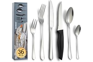 BEWOS Servizio di posate per 6 persone, set di posate in acciaio inox da 36 pezzi con coltelli da bistecca, inclusi coltello, forchetta, cucchiaio, lucidati a specchio e lavabili in lavastoviglie