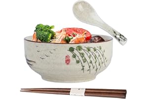 TUYINES Miska Ramen, japońska miska ceramiczna,miski do sałatek, zestaw misek ramen z łyżeczką pałeczek, miska ramen w stylu vintage, ceramiczna miska na zupę, japońskie naczynia (Style C)