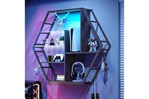 cointwo Floating Shelves With Lights, Led Shelves For Wall, Gaming Room Decor Display Shelf, Lighted Bar Shelves, Extra Hanging Hooks Storage, Sturdy Fast Assembly Great Weight Capacity-Black