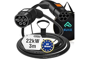 ‎KUAX KUAX Typ 2 Ladekabel 22KW 3 Phasen Ladekabel mit 32A, 3M, 22KW, IP54, IEC-62196-2 geeignet für Model S/3/X/Y | e-Golf/e-UP/ID.3 | i3/i8 (Schwarz)