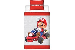 Character World Nintendo Mario Kart - Set copripiumino singolo ufficiale | biancheria da letto reversibile su 2 lati con federa coordinata per bambini | gamma Close Up rosso e grigio