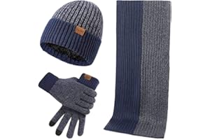 LumiSyne Winter 3 In 1 Scarf Hat Glove Set For Men Women Fashion Simple Two-Color Jacquard Touch Screen Gloves Knitted Beanie Hat Long Scarf Thickened Soft Wool