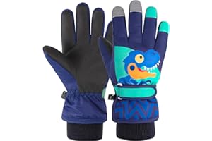 OPUHOHR Kids Ski Gloves, Dinosaur Winter Warm Windproof Snow Mittens for 2~13 Years Old Kids Cold Weather Gloves Girls Boys Sledding Snowboard Skating Cycling Running and Outdoor Activities