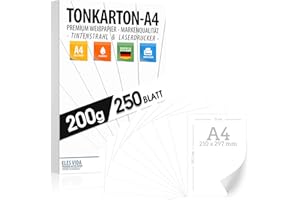 ‎ELES VIDA Druckpapier 200 g/m2 A4-250 Blatt - PREMIUM PAPIER Schneeweiß - DIN A4 - Druckerpapier Weiß unbedruckt - Fotopapier matt, Briefe, Pappe, Präsentationen Bogen, TONKARTON, Scrapbooking, Kopierpapier