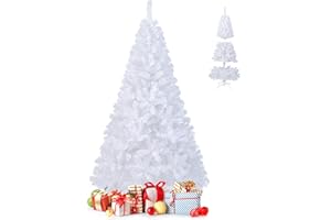 GOPLUS Sapin de Noël Artificiel Blanc 180 cm, Arbre de Nöel avec 650 Branches, Socle en Fer, Feuilles en PVC, Décoration de Noël, Idéal pour Suspendre Guirlande de Lumières et Etoile, 4 Tailles