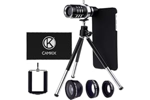 CAMKIX ameraobjektiv-Set für Apple iPhone 6 Plus / 6S Plus inklusive: 12x Teleobjektiv, Fischaugenobjektiv, Makroobjektiv, Weitwinkelobjektiv, Dreibeinstativ, Handy-Halterung, Haltering, Stabiler Box