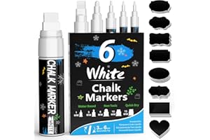 SAKEYR Weißer Kreidestifte für Fenster Tafel Abwaschbar, 6 Stück Kreidestift Set und 45pcs Kreidetafel Labels, Kreidemarker Weiss für Glas & Gewürzgläser, (1mm,1mm, 3mm, 6mm, 10mm und 15mm)