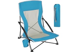 WOLTU Silla de Playa, Silla Plegable para Exterior, con Portavaso y Bolsa de Transporte, Ligera y Portátil para Camping Picnic Pesca, Asiento de Malla Transpirable, Azul