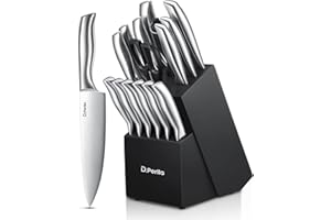 D.Perlla Zestaw noży kuchennych ze stali nierdzewnej, z drewnianym blokiem, 16 elementów, profesjonalne noże kuchenne, bezszwowa technologia kucia, bardzo ostry i ergonomiczny blok na noże, czarny