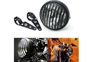 APEBAZY 7" Round Motorcycle Headlight with Custom Grille Cover and Bracket Assembly, Black Retro Universal Motorbike Front Headlamp for Softail Street Glide Chopper Cruiser CG125