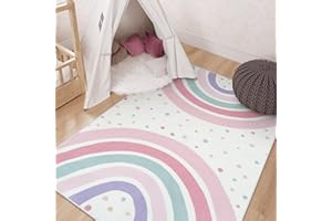 STARUIA 3x5 Rainbow Rug for Nursery Kids Room, Pink Carpet Soft Polka Dot Rug for Girl Bedroom, Non-Slip Small Washable Kids Area Rug for Playroom Princess Tent Castle