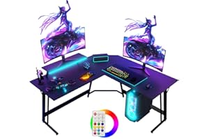Devoko Bureau Gaming Bureau d'angle Gamer 130 * 130cm Bureau Informatique PC en Coin Table en Forme de L avec Support d'écran pour Etudier, Jouer et Travailler (Noir-A avec LED, 130_x_130_cm)