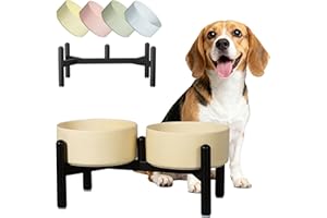 PTOBER Ceramic Elevated Dog Bowl Set - Dog Feeder Station with Cute-Style Double Bowls for Small and Medium Size Breed - Non-Slip Raised Dish for Food and Water Feeding- 6 Inch - 3.5 Cups / 20 fl oz - Khaki