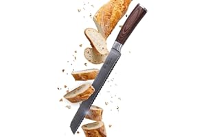 WAKOLI Edib - Cuchillo para pan de damasco con hoja dentada I hoja afilada de 23 cm de acero damasco 67 capas con núcleo VG10 y mango de madera de pakka I cuchillo de cocina profesional, cuchillo