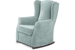 SUEÑOS ZZZ - Balancín Irene, sillón orejero de Lactancia tapizado en Tela Anti Manchas Color Verde Agua con balancín Lacado en Color wengué. Mecedora para Dormitorio, salón o habitación de bebé