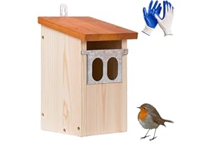 valuents Rotkehlchen Nistkasten & Futterplatz – Vogelhaus aus Kiefernholz – 2 pickfeste Einflüge aus Metall & Lichtschacht – Selbstmontage +Plus: Gartenhandschuhe