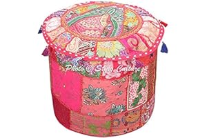 Stylo Culture Ottoman Pouffe Footstool Vintage Large Cover Pink Indian Embroidered Patchwork Cotton Traditional Round Fabric Pouf Ottoman Cover (22x22x13 Inch) 55cm (COVER ONLY)
