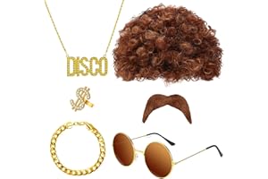 OHSN Costume Hippie Uomo Señora Accessori Hippie Parrucca Afro Baffi Finti Set di Costumi Hippie Ring Barba Falsa Funky Occhiali da Sole Braccialetto Collana Per Carnevale Festa a Tema Anni 50/60/70