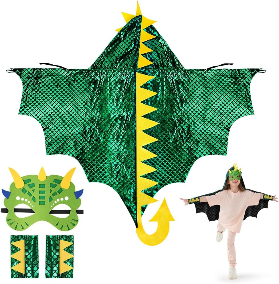 Aomig Disfraz Dinosaurio Niño, 3Pcs Capa de Dinosaurio con Capucha y Mangas y Máscara Dinosaurio, Capa de Disfraz de Dragón para Niños para Halloween Carnaval Fiestas Cosplay Cumpleaños