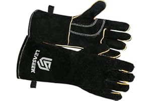 LeaSeek - Guanti in pelle per barbecue, resistenti al calore e ignifughi, da saldatura, da camino, da griglia (36cm, Black)
