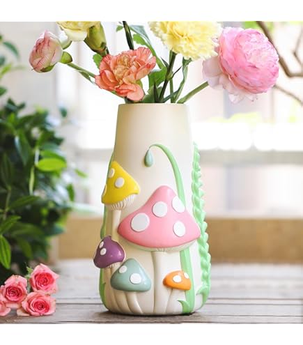 GUGUGO Vaas voor decor, kleurrijke paddenstoelen vaas, regenboog funky paddestoel decor, esthetische bloemenvazen voor bloemen, decoratieve bloemenvazen voor tafelstukken, eettafel, woonkamer, 8 inch