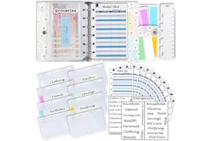 HARPHIA Classeur A7 en PVC souple avec marguerite 5,39 x 4,33 pouces avec mini poches de classeur x8 fermeture éclair, feuilles ménagères, 12, autocollants en argent x42, autocollants d'étiquettes x12