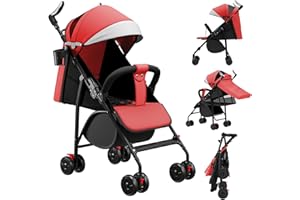 WILLONIN Poussette canne compacte, avec position allongée, de la naissance à 4 ans (Jusqu’à 25 kg), Assis ou couché, Poignée réglable, Landau à 4 roues avec tapis en coton + moustiquaire - 47*72*97CM - Rouge